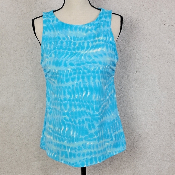 Lands' End Blue Watercolor Print Modest High Neckline Tankini Swim Top Sz 12 - Picture 1 of 13